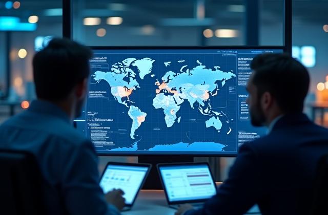 Team collaborating on a digital supply chain dashboard, illustrating SageWise Logistics' mission and vision.