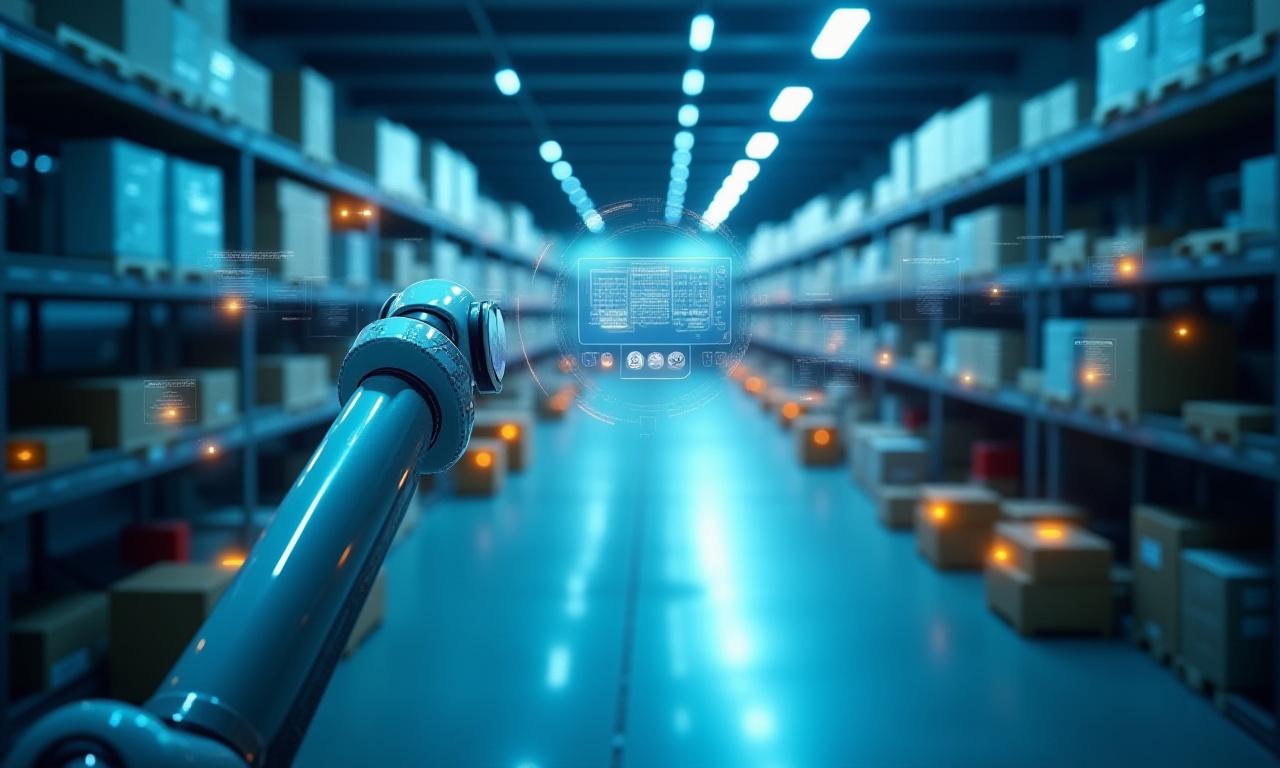 Modern automated warehouse with robots and data visualizations, symbolizing efficient logistics.