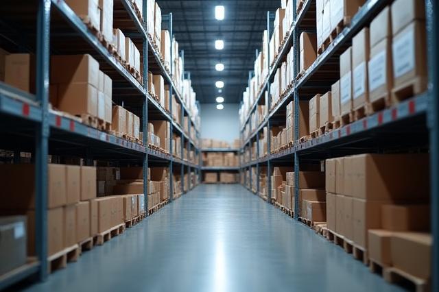 Neatly organized warehouse shelves with various boxes and inventory management system data overlay.