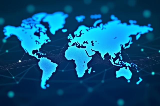 Digital representation of a global supply chain network with interconnected nodes and data flowing between them.