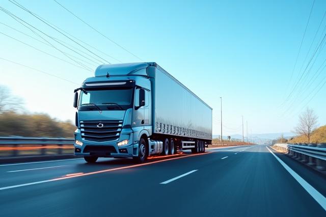 A modern cargo truck on a highway with a data overlay showing optimized routes and logistics.