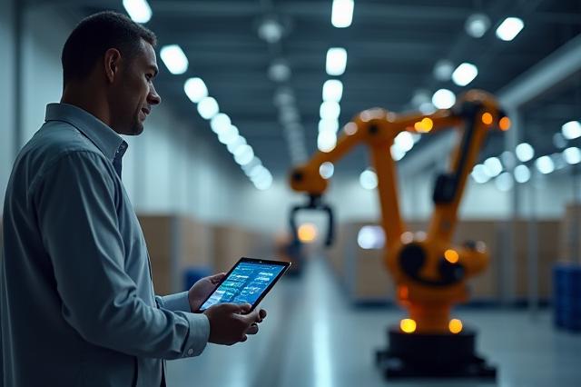 An automated modern warehouse with robotic arms moving packages and data visualized on screens.